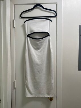 Tyche White Strapless Midi Dress with Black Trim